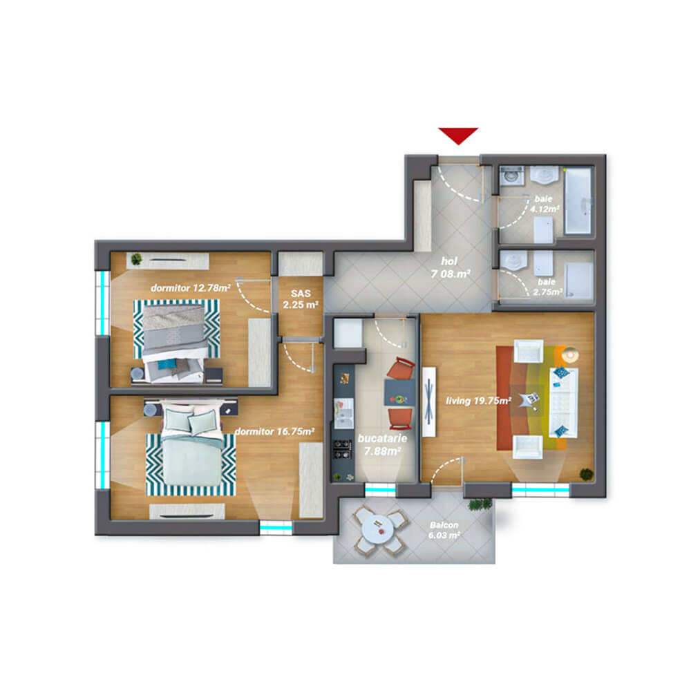 Apartament, 2 dormitoare, 2 terase, 1 gradina, DIMRI RESIDENCE GHENCEA , Vedere nord